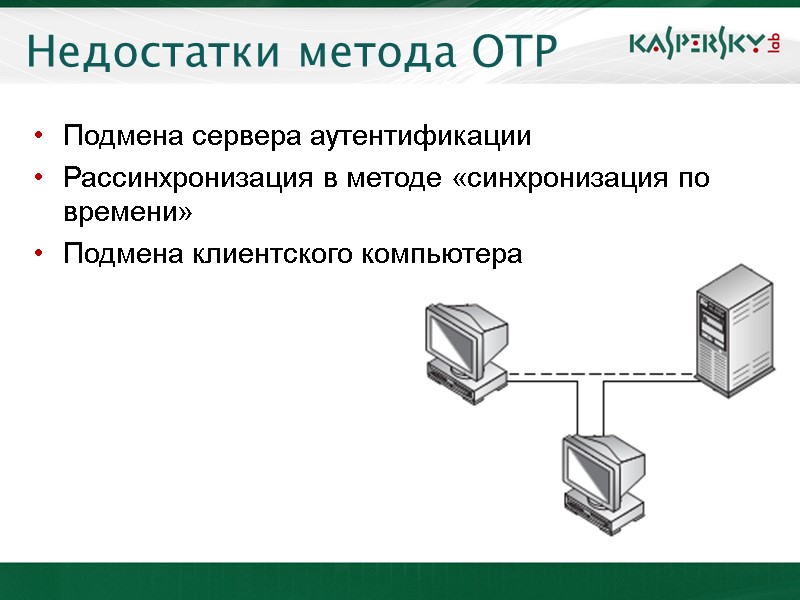 Недостатки метода OTP Подмена сервера аутентификации Рассинхронизация в методе «синхронизация по времени» Подмена клиентского
